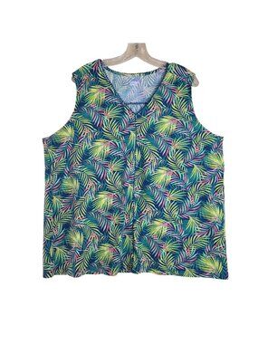 Lands' End Tank Top Size 2X Green Tropical Palm Frond Print V-Neck